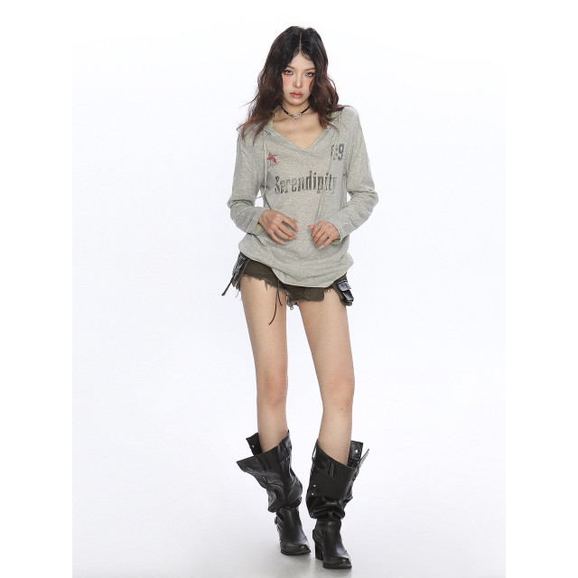 美式字母印花連帽長袖T恤女夏季慵懶風防曬罩衫辣妹上衣潮