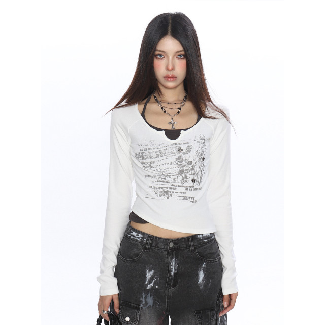 辣妹假兩件系帶塗鴉長袖T恤女秋季設計感顯瘦打底衫上衣潮