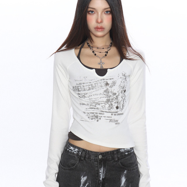 辣妹假兩件系帶塗鴉長袖T恤女秋季設計感顯瘦打底衫上衣潮