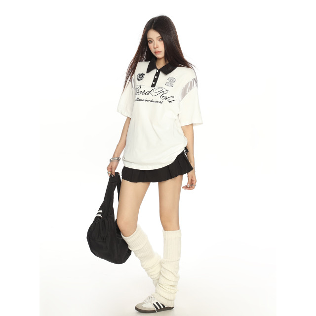 美式插肩袖polo領短袖T恤女夏季運動風休閑寬松球衣上衣潮