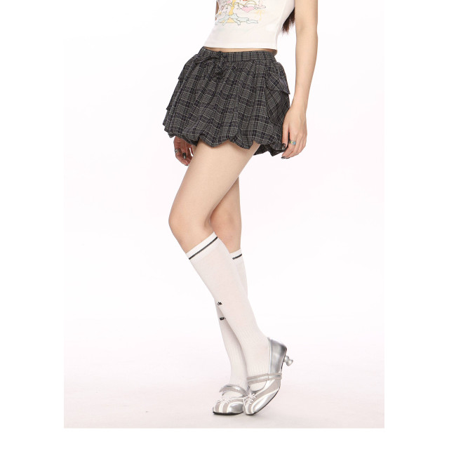 少女風花苞裙口袋格子蓬蓬裙短裙女芭蕾風a字顯瘦半身裙潮