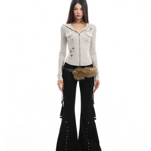 美式辣妹柳釘工裝微喇休閑褲女重工街頭修身顯瘦拖地長褲