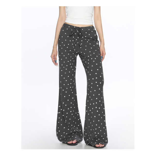 美式星星滿印微喇休閑褲女慵懶風百搭垂感拖地顯瘦長褲ins