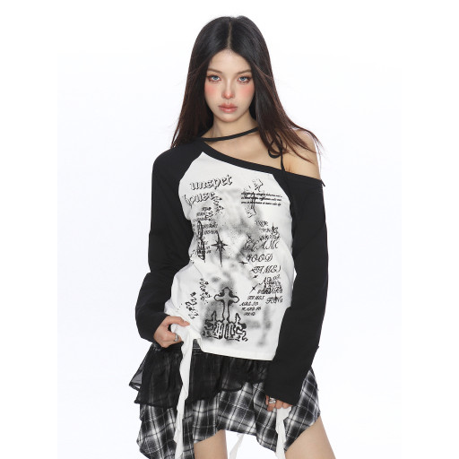 輕亞風塗鴉斜肩系帶流蘇長袖T恤女秋季辣媽漏肩內搭上衣潮