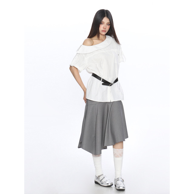 韓系穿搭斜肩短袖襯衫T恤女夏季不規則設計露肩顯瘦上衣潮