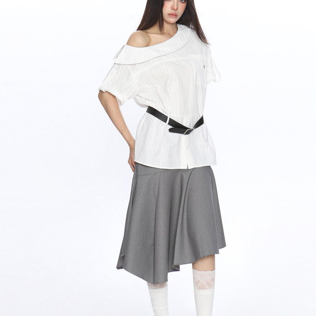 韓系穿搭斜肩短袖襯衫T恤女夏季不規則設計露肩顯瘦上衣潮