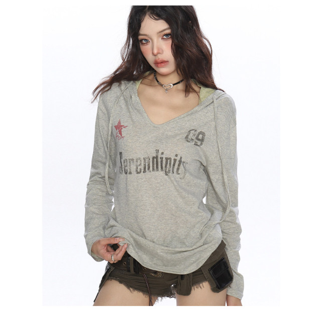 美式字母印花連帽長袖T恤女夏季慵懶風防曬罩衫辣妹上衣潮