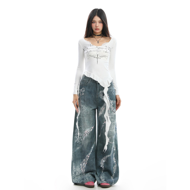 不規則設計感v領蕾絲邊長袖T恤女秋季辣妹顯瘦內搭上衣潮