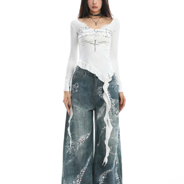 不規則設計感v領蕾絲邊長袖T恤女秋季辣妹顯瘦內搭上衣潮