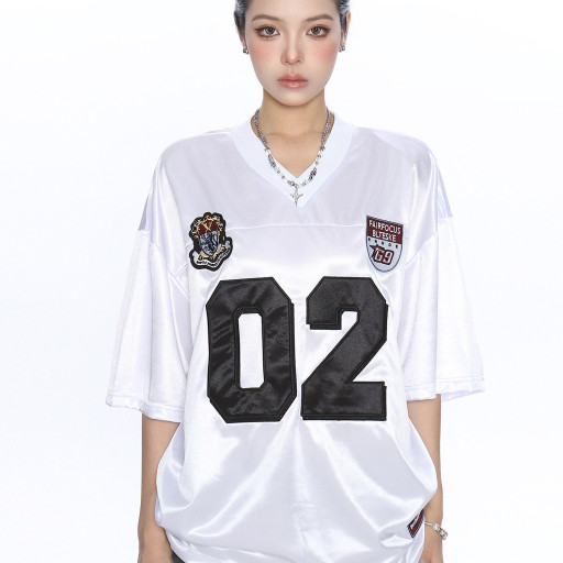 美式緞面字母v領短袖T恤女夏季運動風寬松休閑情侶球衣潮