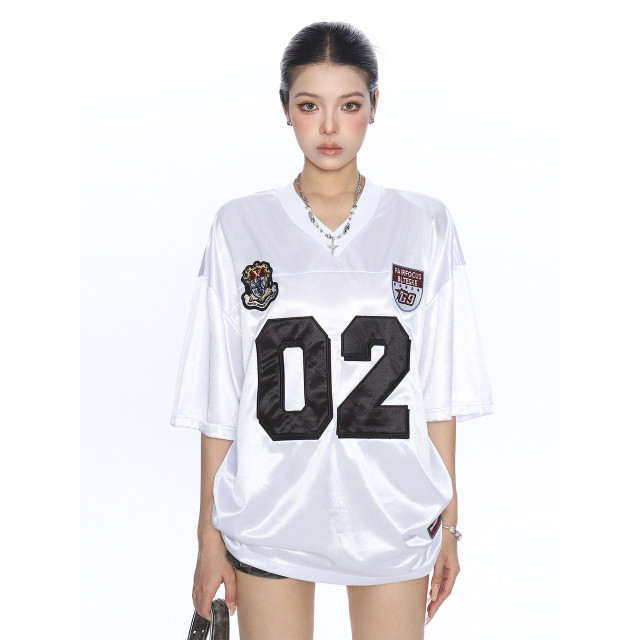 美式緞面字母v領短袖T恤女夏季運動風寬松休閑情侶球衣潮