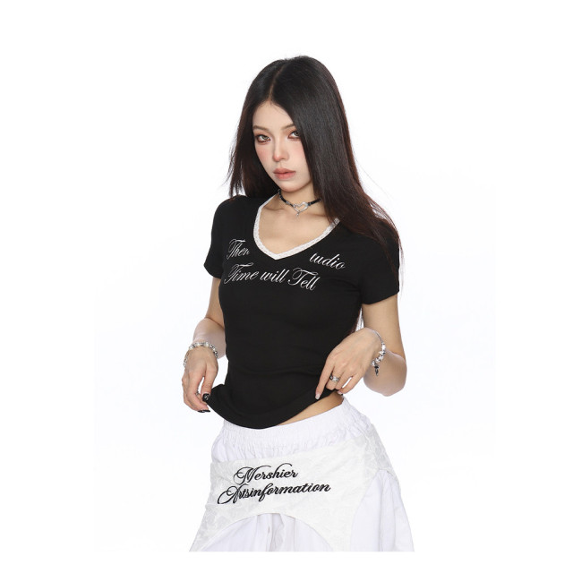 美式v領蕾絲邊字母正肩短袖T恤女夏季收腰顯瘦短款上衣潮