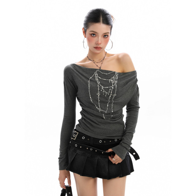 辣妹柳釘項鏈蕩領斜肩長袖T恤女秋季顯瘦一字肩內搭上衣潮