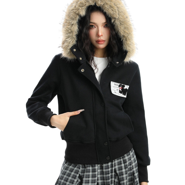 美式可拆卸毛領迷彩連帽外套女秋冬顯瘦拉鏈短款開衫夾克