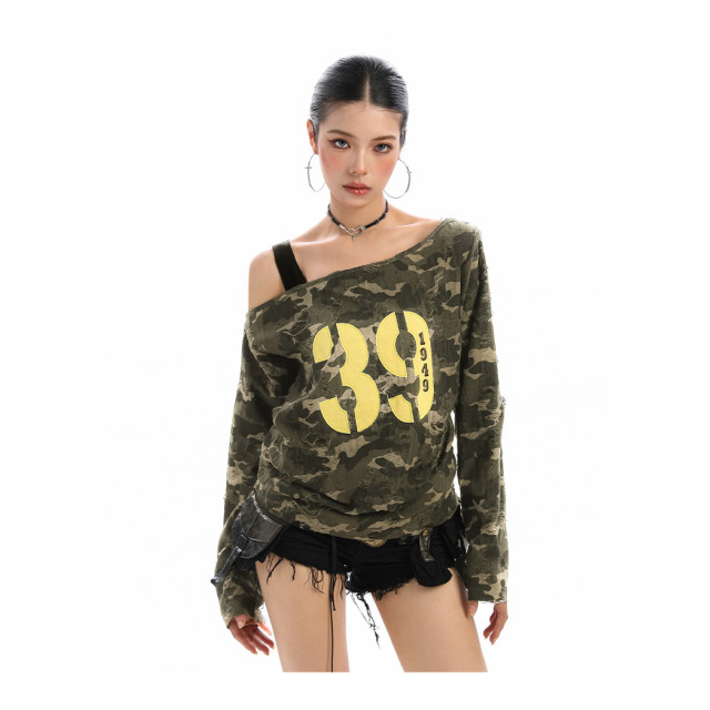 辣妹斜肩迷彩字母長袖T恤女秋季抽繩綁帶露肩顯瘦內搭上衣