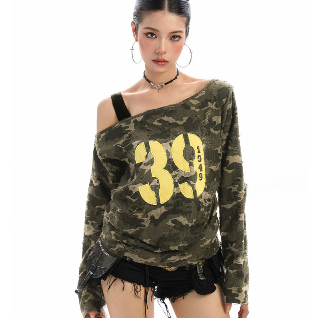辣妹斜肩迷彩字母長袖T恤女秋季抽繩綁帶露肩顯瘦內搭上衣