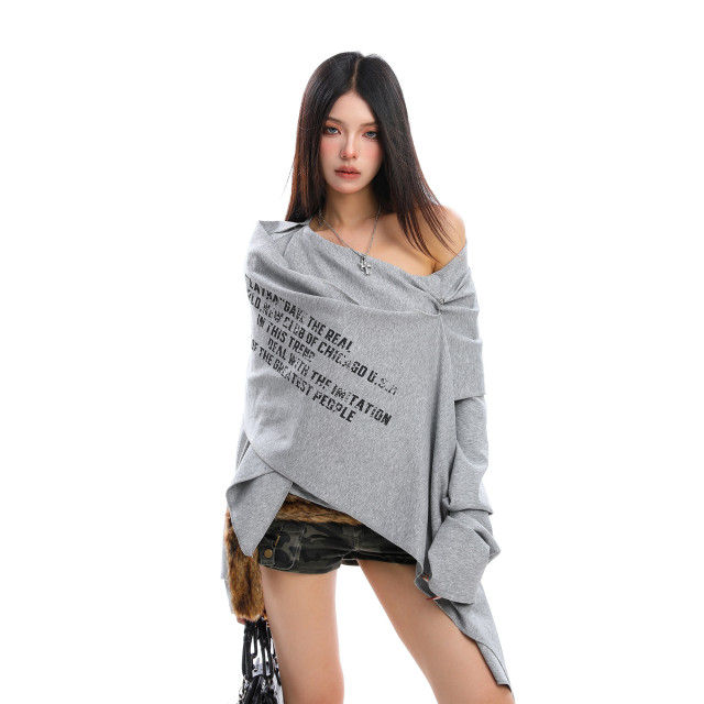 設計感不規則印花斜肩長袖衛衣女秋冬慵懶感疊穿顯瘦上衣