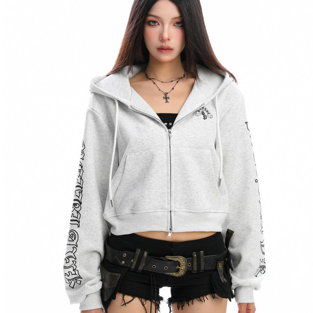 美式哥特風連帽短款衛衣女秋冬辣妹運動休閑拉鏈外套帽杉