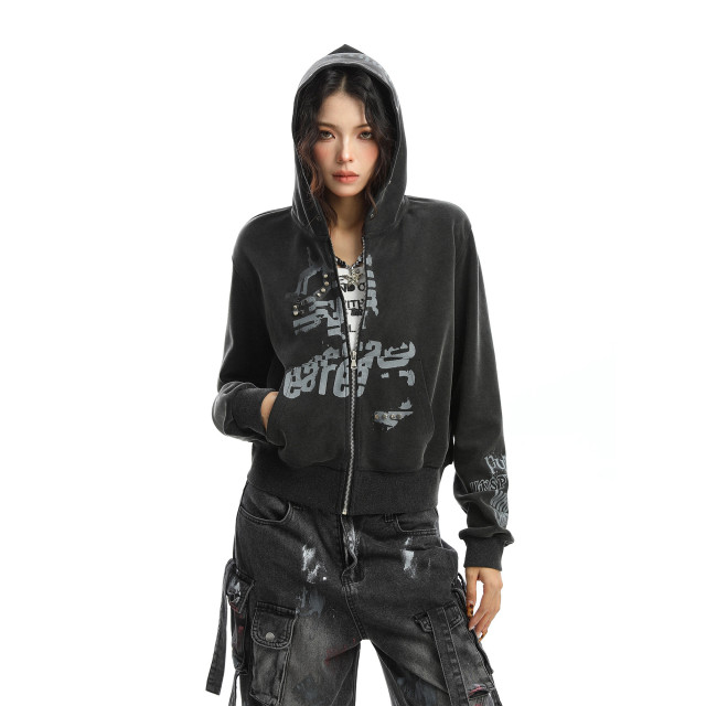 輕亞風柳釘塗鴉連帽衛衣女秋季朋克辣妹顯瘦拉鏈短款外套