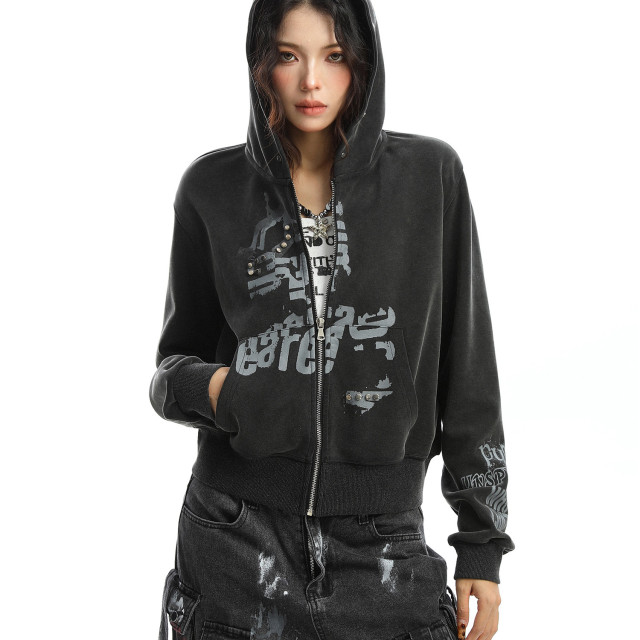 輕亞風柳釘塗鴉連帽衛衣女秋季朋克辣妹顯瘦拉鏈短款外套