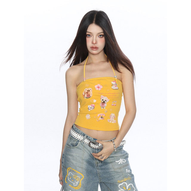 甜辣卡通印花掛脖吊帶背心女夏季顯瘦外穿無袖別致上衣ins