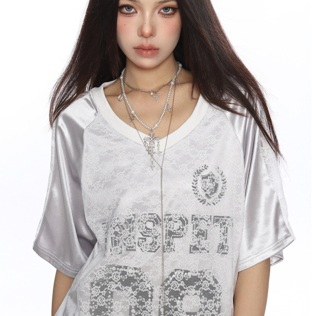 緞面蕾絲拼接v領短袖T恤球衣女夏季澤西風運動顯瘦上衣潮