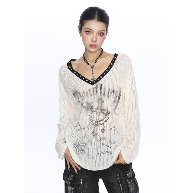 十字架辣妹v領寬松長袖t恤女夏季薄微透防曬罩衫斜肩上衣