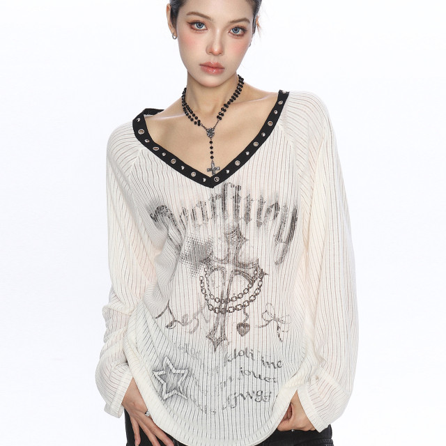 十字架辣妹v領寬松長袖t恤女夏季薄微透防曬罩衫斜肩上衣