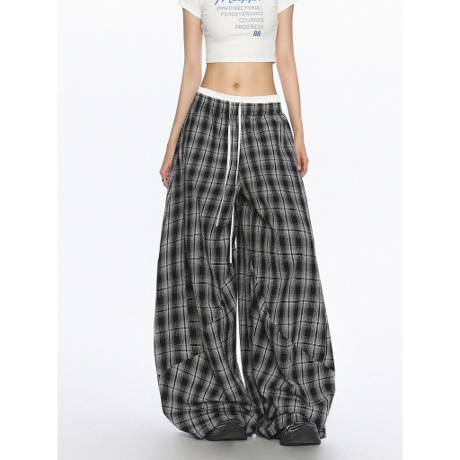 美式爵士舞雙腰頭休閑格子闊腿褲女松弛感直筒拖地長褲潮