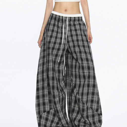 美式爵士舞雙腰頭休閑格子闊腿褲女松弛感直筒拖地長褲潮