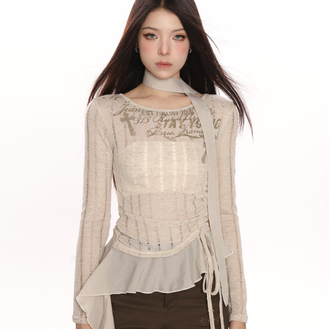 辣妹收腰抽繩鏤空針織衫T恤女春夏修身顯瘦精致內搭上衣潮