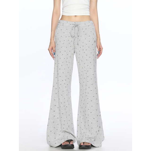 美式星星滿印微喇休閑褲女慵懶風百搭垂感拖地顯瘦長褲ins