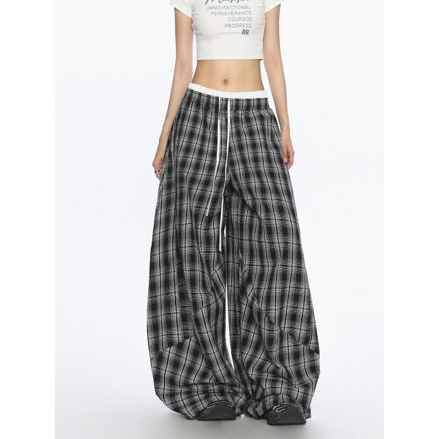 美式爵士舞雙腰頭休閑格子闊腿褲女松弛感直筒拖地長褲潮