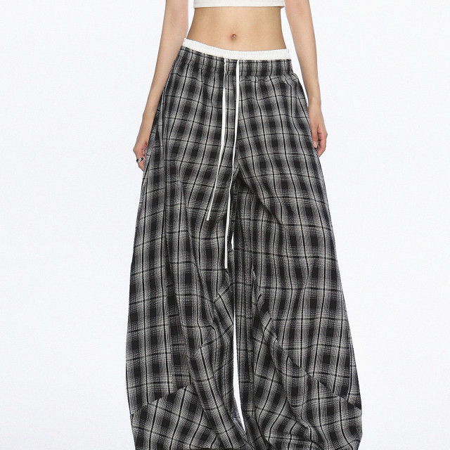 美式爵士舞雙腰頭休閑格子闊腿褲女松弛感直筒拖地長褲潮