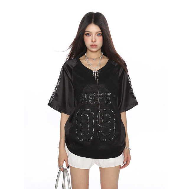 緞面蕾絲拼接v領短袖T恤球衣女夏季澤西風運動顯瘦上衣潮