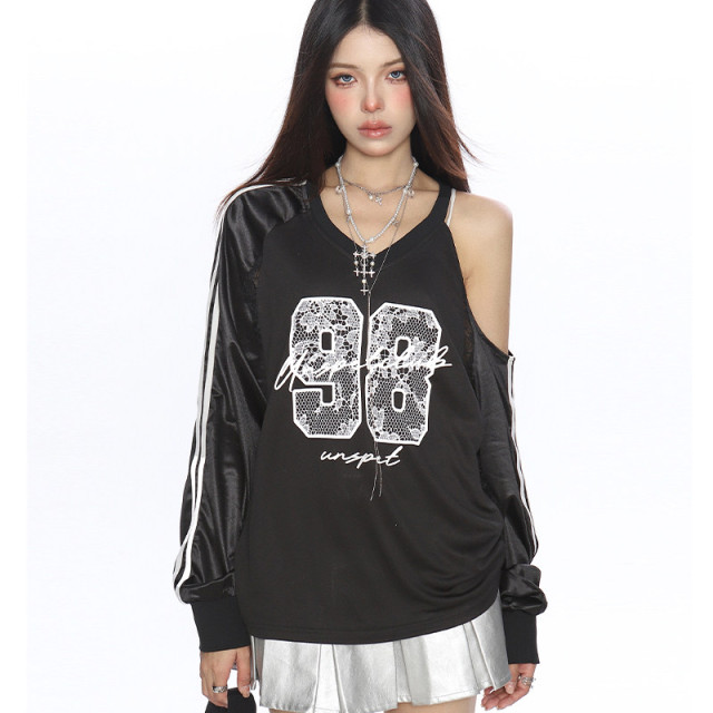 辣妹蕾絲字母露肩v領長袖衛衣女秋季寬松顯瘦運動球衣上衣