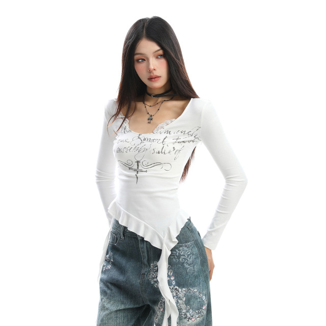 不規則設計感v領蕾絲邊長袖T恤女秋季辣妹顯瘦內搭上衣潮