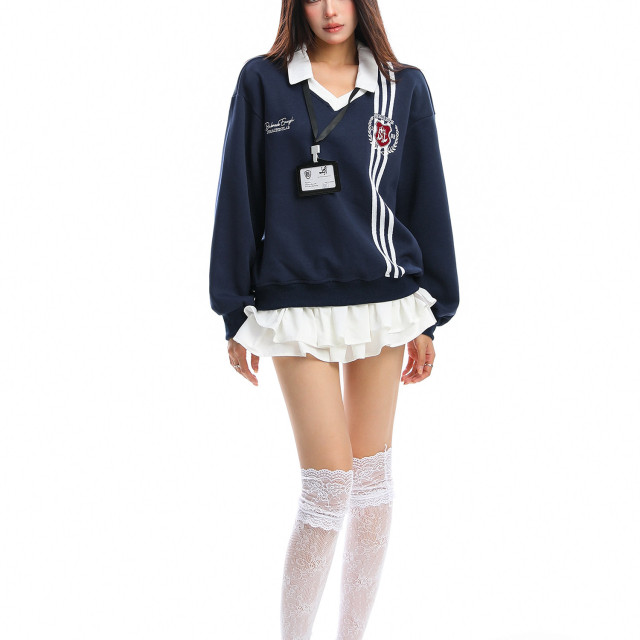 學院風Polo領杠條衛衣女秋冬帶校牌運動風假兩件情侶上衣