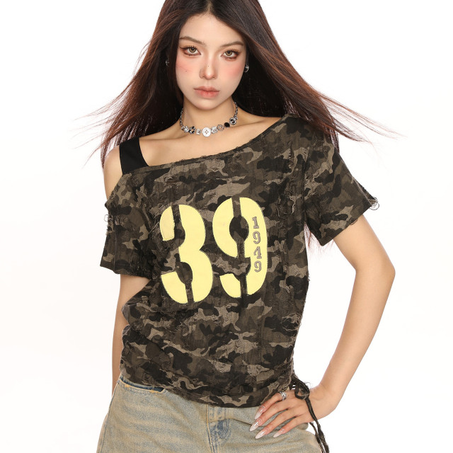 辣妹斜肩迷彩字母短袖T恤女夏季抽繩綁帶露肩顯瘦短款上衣