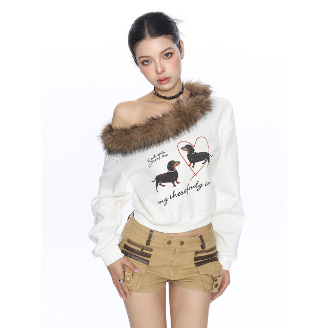 辣妹臘腸狗可拆卸毛領斜肩衛衣女秋冬設計感顯瘦露肩上衣