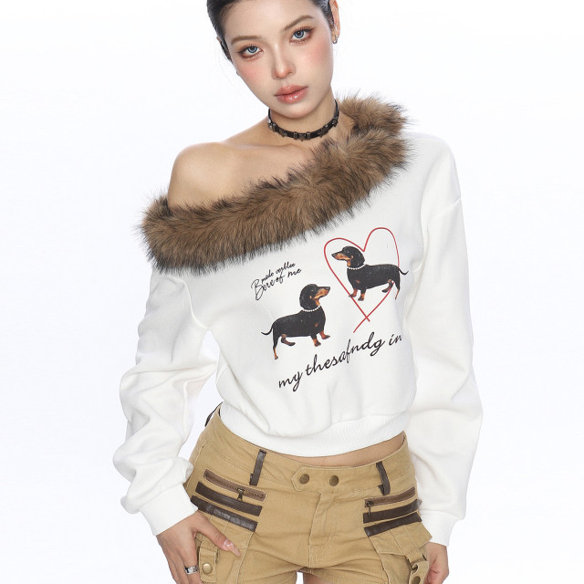 辣妹臘腸狗可拆卸毛領斜肩衛衣女秋冬設計感顯瘦露肩上衣