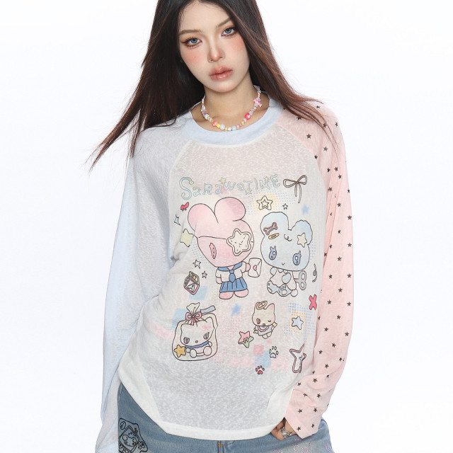 動漫二次元印花撞色長袖T恤女夏季薄款顯瘦防曬空調衫上衣