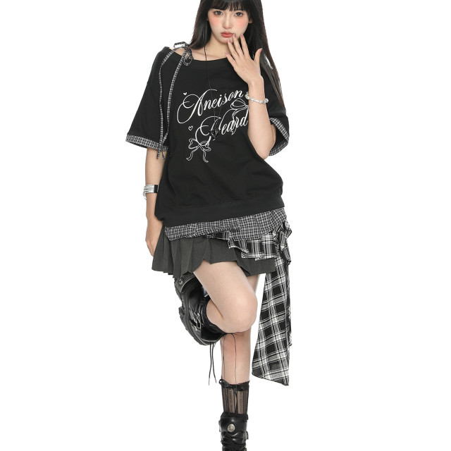 蝴蝶結字母假兩件斜肩綁帶短袖T恤女夏季韓系穿搭顯瘦上衣