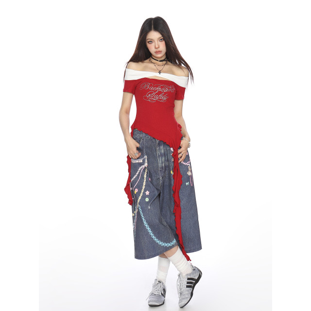 辣妹燙鉆字母一字肩短袖T恤女夏季不規則流蘇顯瘦露肩上衣