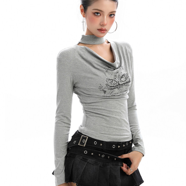 辣妹掛脖蕩領長袖T恤女秋季氣質純欲鏤空顯瘦內搭打底上衣