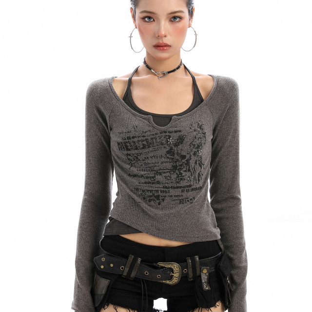 辣妹假兩件系帶塗鴉長袖T恤女秋季設計感顯瘦打底衫上衣潮