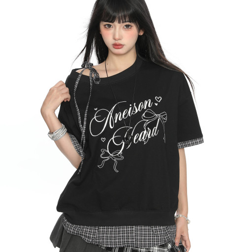 蝴蝶結字母假兩件斜肩綁帶短袖T恤女夏季韓系穿搭顯瘦上衣