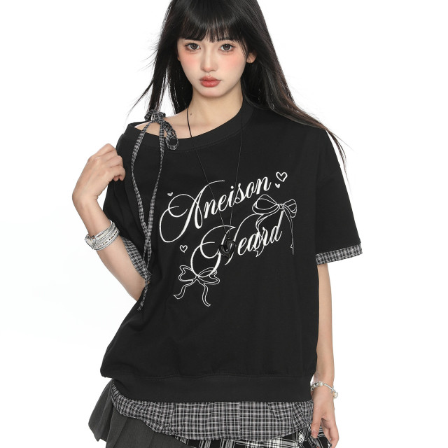 蝴蝶結字母假兩件斜肩綁帶短袖T恤女夏季韓系穿搭顯瘦上衣