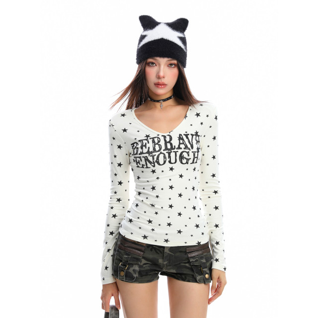 美式滿印星星v領長袖T恤女秋季辣妹顯瘦內搭打底衫上衣潮