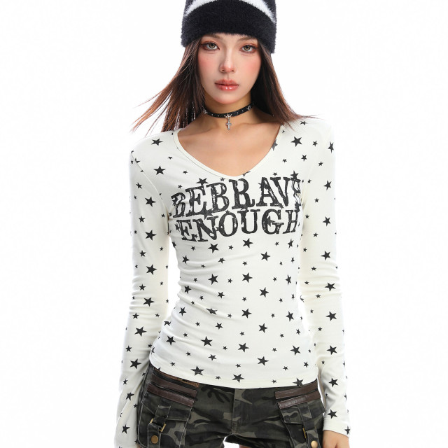 美式滿印星星v領長袖T恤女秋季辣妹顯瘦內搭打底衫上衣潮
